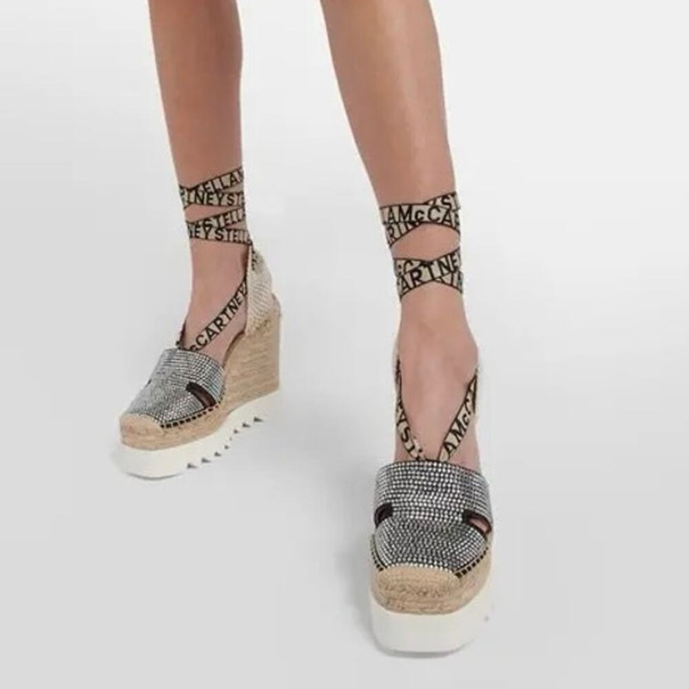 Stella McCartney Gaia Crystal-Embellished Wedge Espadrilles Sandals Black EU 38